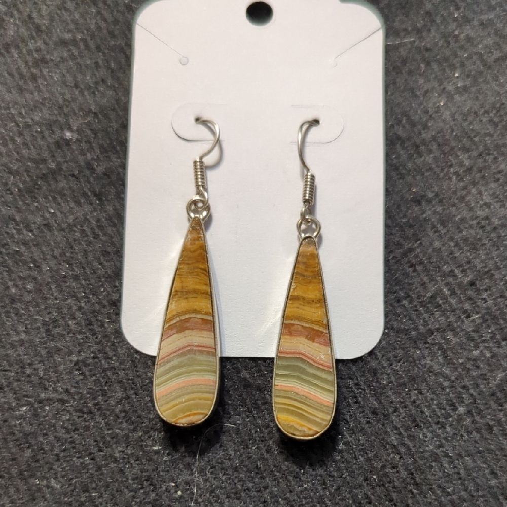 Silver Plated Brown Green Cream Ocean Jasper Gemstone Teardrop Dangle Earrings